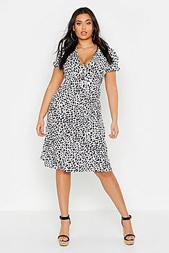 Boohoo Plus Woven Leopard Tie Front Midi Dress