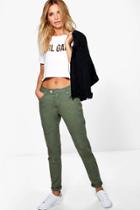 Boohoo Nadia Mid Rise Biker Skinny Jeans Khaki