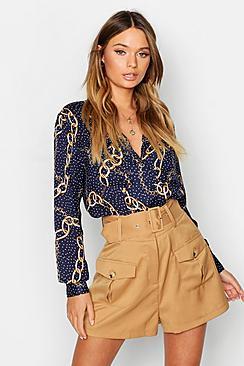 Boohoo Polka Dot Chain Print Collarless Blouse