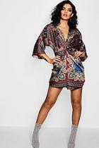 Boohoo Kay Luxe Scarf Print Knot Front Shift Dress