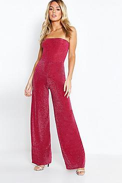 Boohoo Petite Strapless Wide Leg Sparkle Jumpsuit