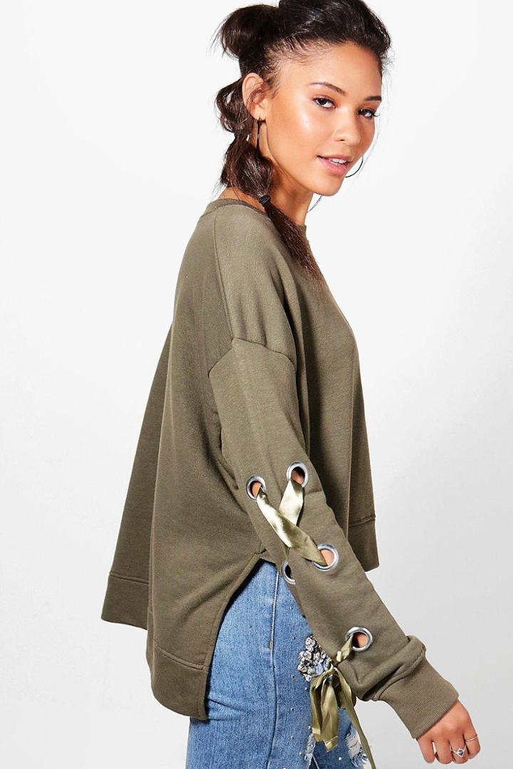 Boohoo Anna Oversized Lace Up Sleeve Sweater Khaki