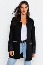 Boohoo Faux Leather Trim Zip Pocket Wool Look Coat