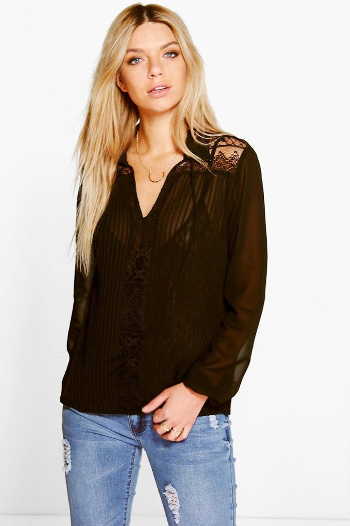 Boohoo Tanya Pleated Lace Panel Tie Neck Blouse Black