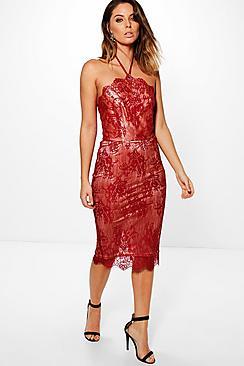 Boohoo Abra Lace Scallop Neckline Midi Bodycon Dress