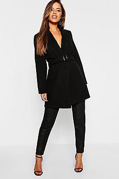 Boohoo Petite Belted Longline Wool Look Coat