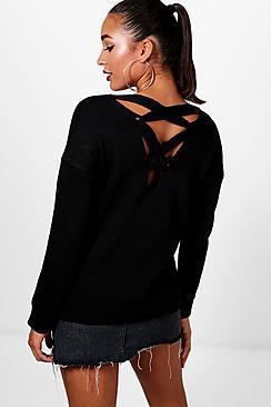 Boohoo Hannah Lace Up Back Detail Knitted Jumper
