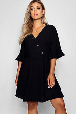 Boohoo Plus Horn Button Wrap Ruffle Sleeve Skater Dress