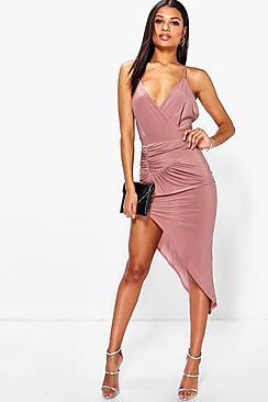 Boohoo Jo Rouched Detail Asymmetric Slinky Bodycon Dress