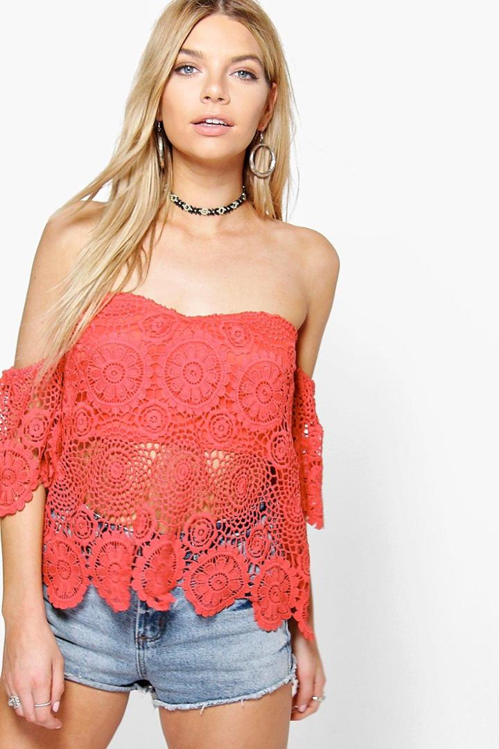 Boohoo Cora Crochet Scallop Edge Off The Shoulder Top Poppy