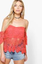 Boohoo Cora Crochet Scallop Edge Off The Shoulder Top Poppy