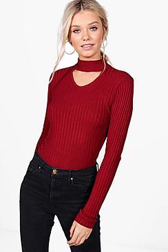 Boohoo Leah Fine Ribbed Choker Neck Jumper