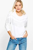 Boohoo Holly Tassel Trim Premium Sweatshirt White