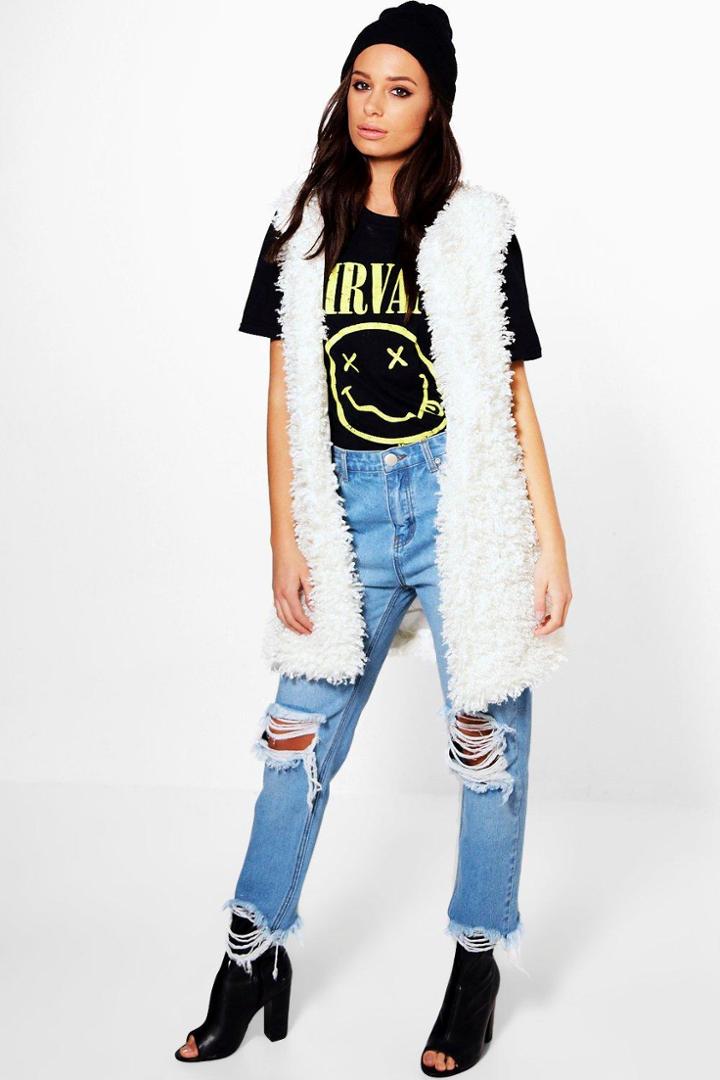 Boohoo Lily Long Length Faux Fur Gilet Cream