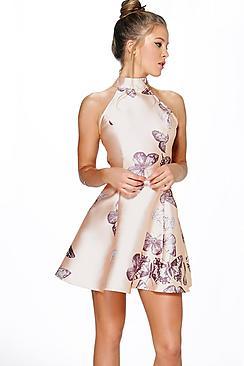 Boohoo Silvia Sateen Butterfly Print Fit And Flare Dress