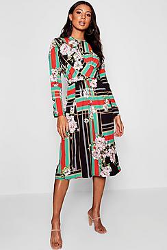 Boohoo Wrap Front Floral Stripe Mix Midi Dress