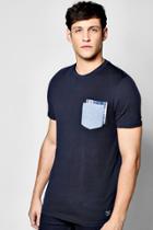 Boohoo Chambray Double Pocket T Shirt Navy