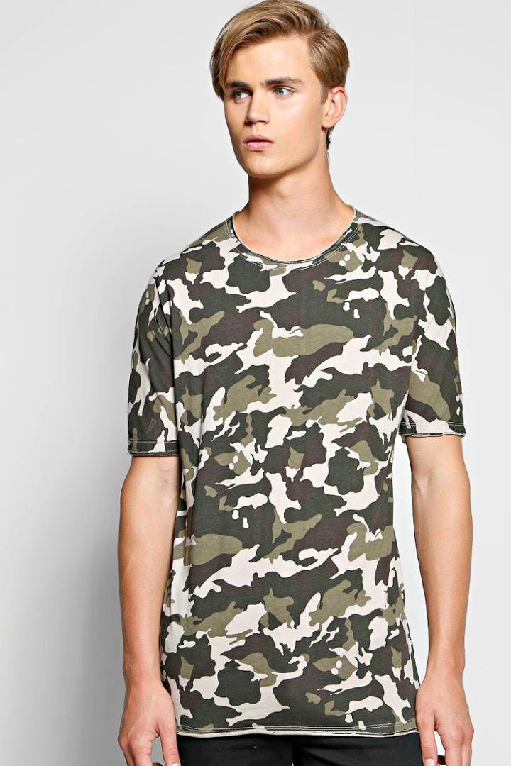 Boohoo Oversized Longline Camo T Shirt With Raw Edge Beige
