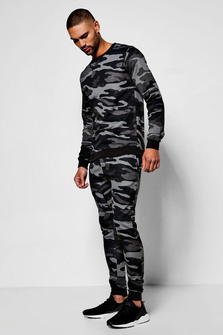 Boohoo Green Camo Crew Neck Sweater Tracksuit Black