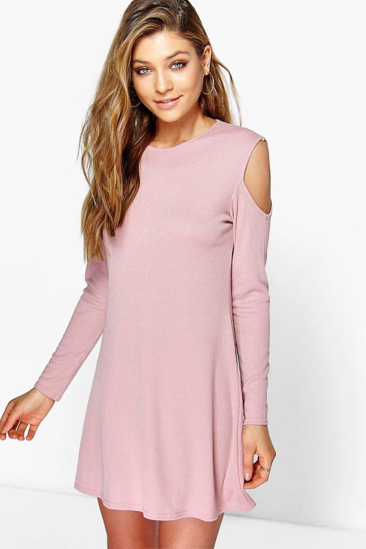 Boohoo Neve Cold Shoulder Rib Knit Swing Dress Blush