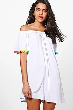 Boohoo Eva Pom Pom Bardot Beach Dress