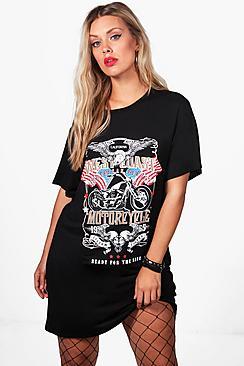 Boohoo Plus Caty 'west Coast Motorcycle' Print Tshirt Dress
