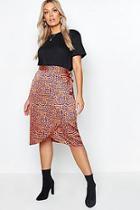 Boohoo Plus Satin Leopard Print Wrap Midi Skirt