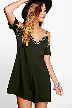 Boohoo Elsa Embroidered Detail Open Shoulder Playsuit