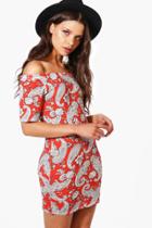 Boohoo Josie Off The Shoulder Printed Bodycon Dress Multi