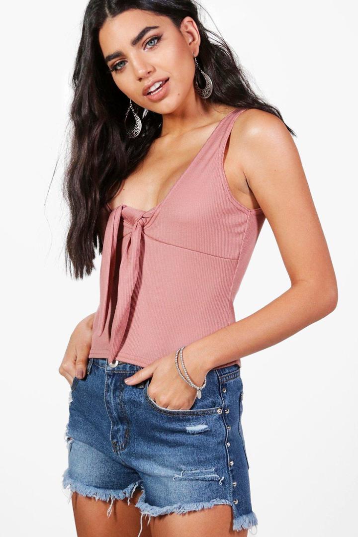 Boohoo Poppy Ribbed Tie Front Top Rose