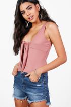 Boohoo Poppy Ribbed Tie Front Top Rose