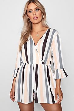 Boohoo Plus Ruffle Striped Playsuit