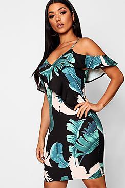 Boohoo Palm Print Cold Shoulder Bodycon Dress