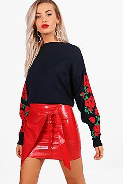 Boohoo Phoebe Floral Intarsia Balloon Sleeve Jumper