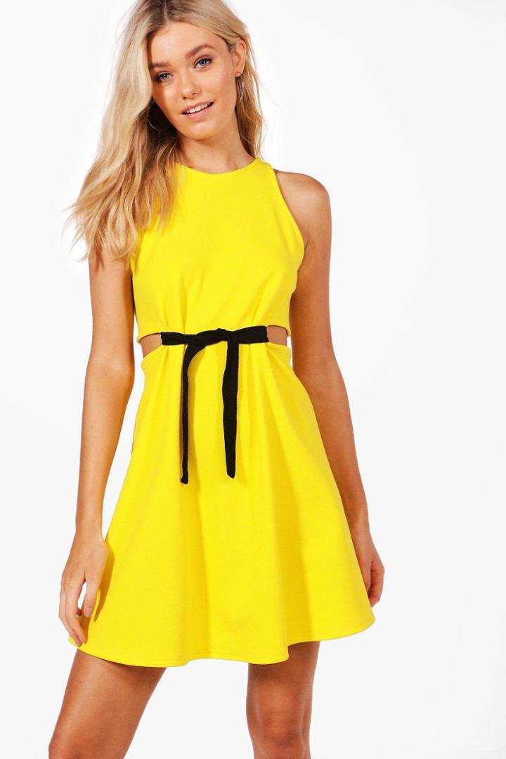 Boohoo Hanna Cut Out Tie Detail Skater Dress Yellow