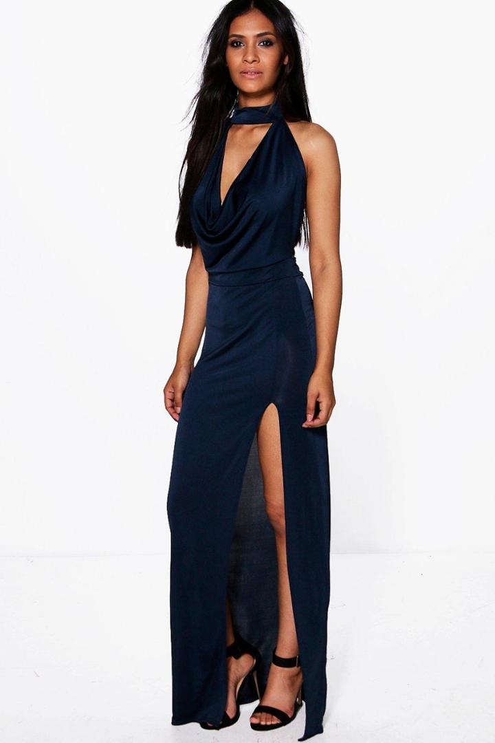 Boohoo Gemma High Neck Slinky Cowl Maxi Dress Navy