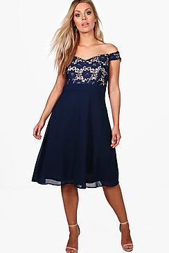 Boohoo Plus Bianca Lace Chiffon Off The Shoulder Midi Dress