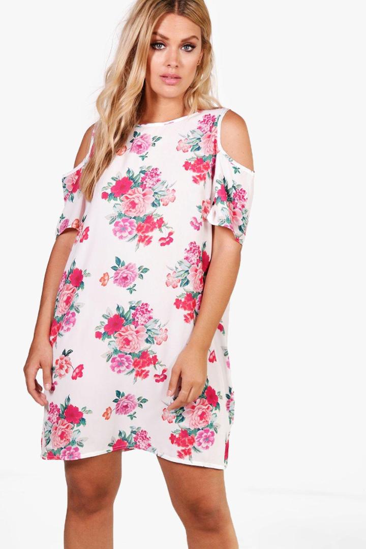 Boohoo Plus Julia Floral Open Shoulder Shift Dress Multi
