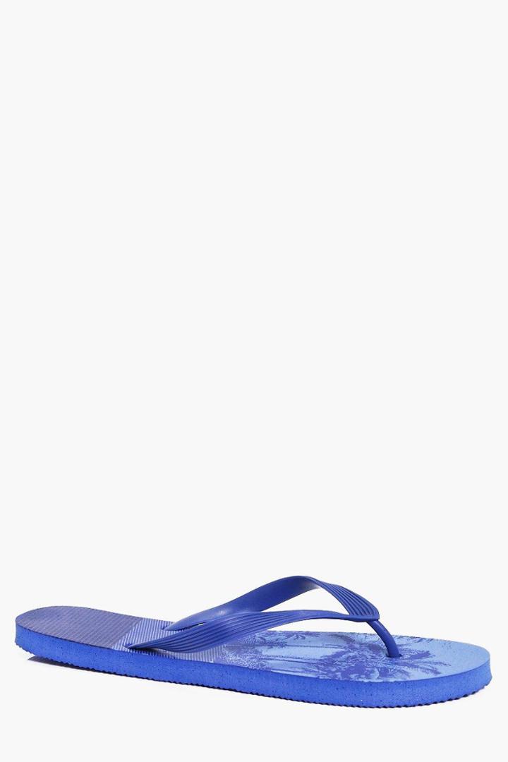 Boohoo Palm Tree Print Flip Flops Blue