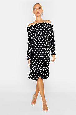 Boohoo Spot Woven Belted Bardot Midi Dress
