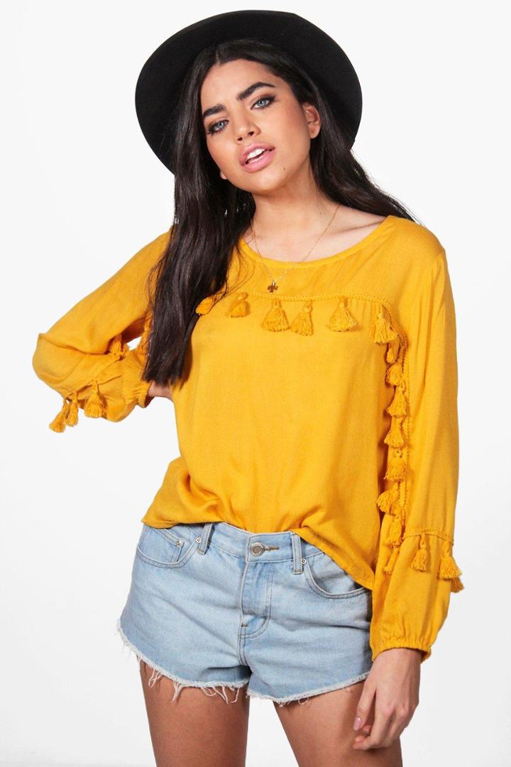 Boohoo Sabrina Woven Tassel Top Mustard