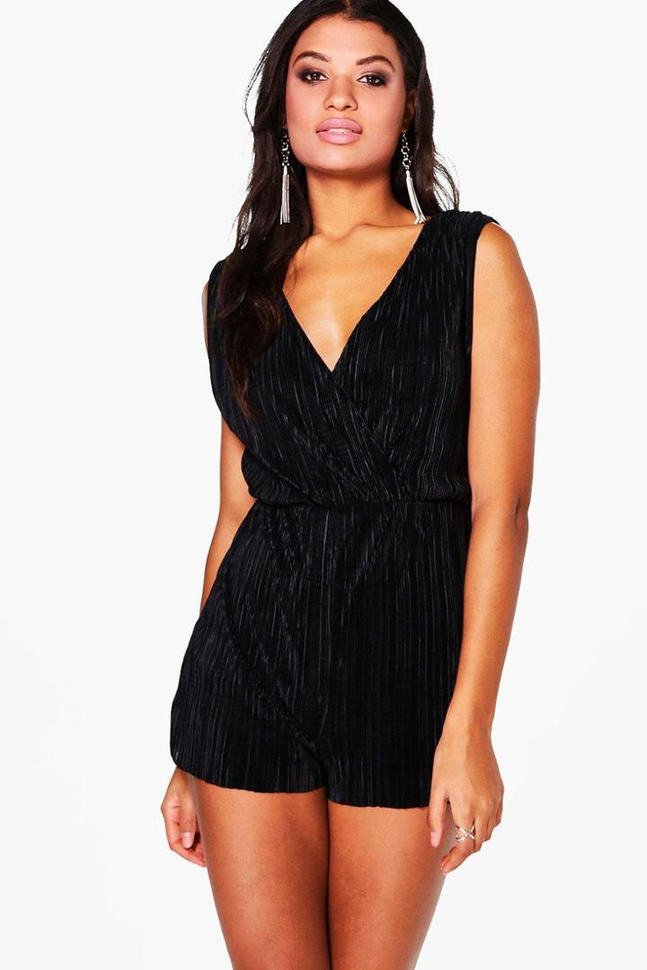 Boohoo Helen Pleated Shoulder Playsuit Black