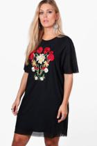 Boohoo Plus Emily Mesh Embroidered Shift Dress Black