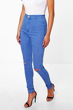 Boohoo Lara High Rise Blue Knee Rip Jeans