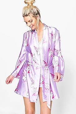 Boohoo Millie Satin Unicorn Print Kimono Robe