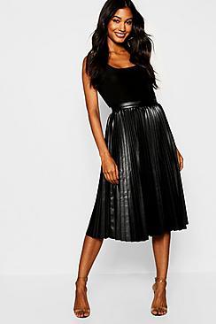 Boohoo Pleated Leather Look Midi Skirt