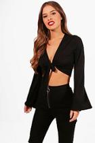 Boohoo Petite Bella Knot Front Flare Sleeve Top