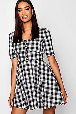 Boohoo Button Front Check Puff Sleeve Skater Dress