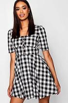 Boohoo Button Front Check Puff Sleeve Skater Dress