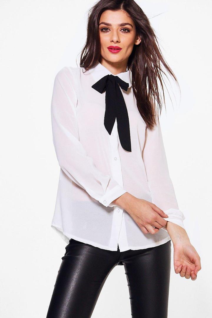 Boohoo Nicole Woven Tie Neck Shirt Ivory